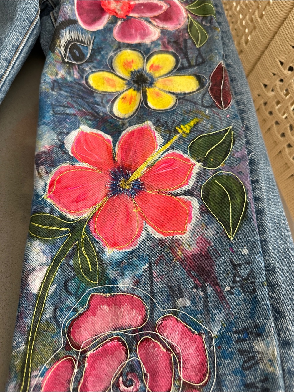 Blue Floral-Embroidered painted water safe Women’s Jeans free people - Picture 3 of 8